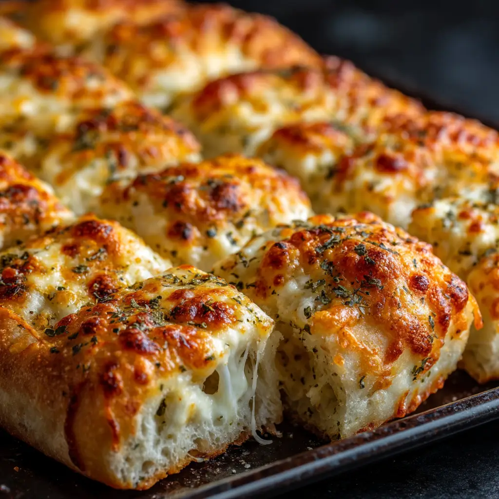 Cheesy Breadsticks Recipe: The Ultimate Guide to Perfect Melty Goodness 2 An extreme close-up of our homemade cheesy breadsticks, highlighting the melted mozzarella and parmesan cheese and golden-brown crust.