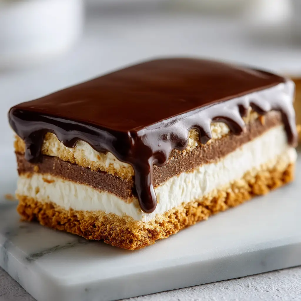 A full 9x13 inch pan of homemade Chocolate Eclair Cake, freshly glazed and ready to be chilled. The chocolate topping is smooth and glossy.