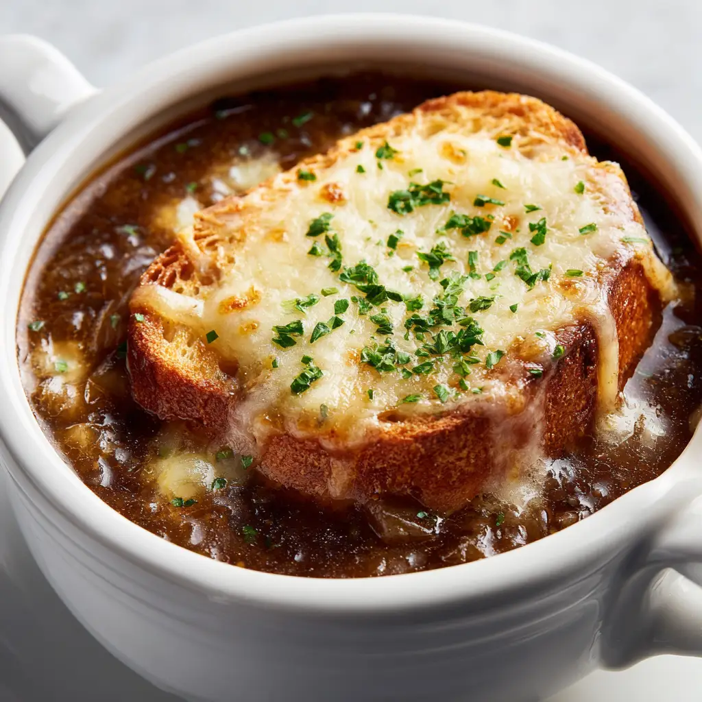 A bowl of rich, homemade French Onion Soup, with melted Gruyère cheese covering the top. A spoon is resting on the side, ready to dig in.