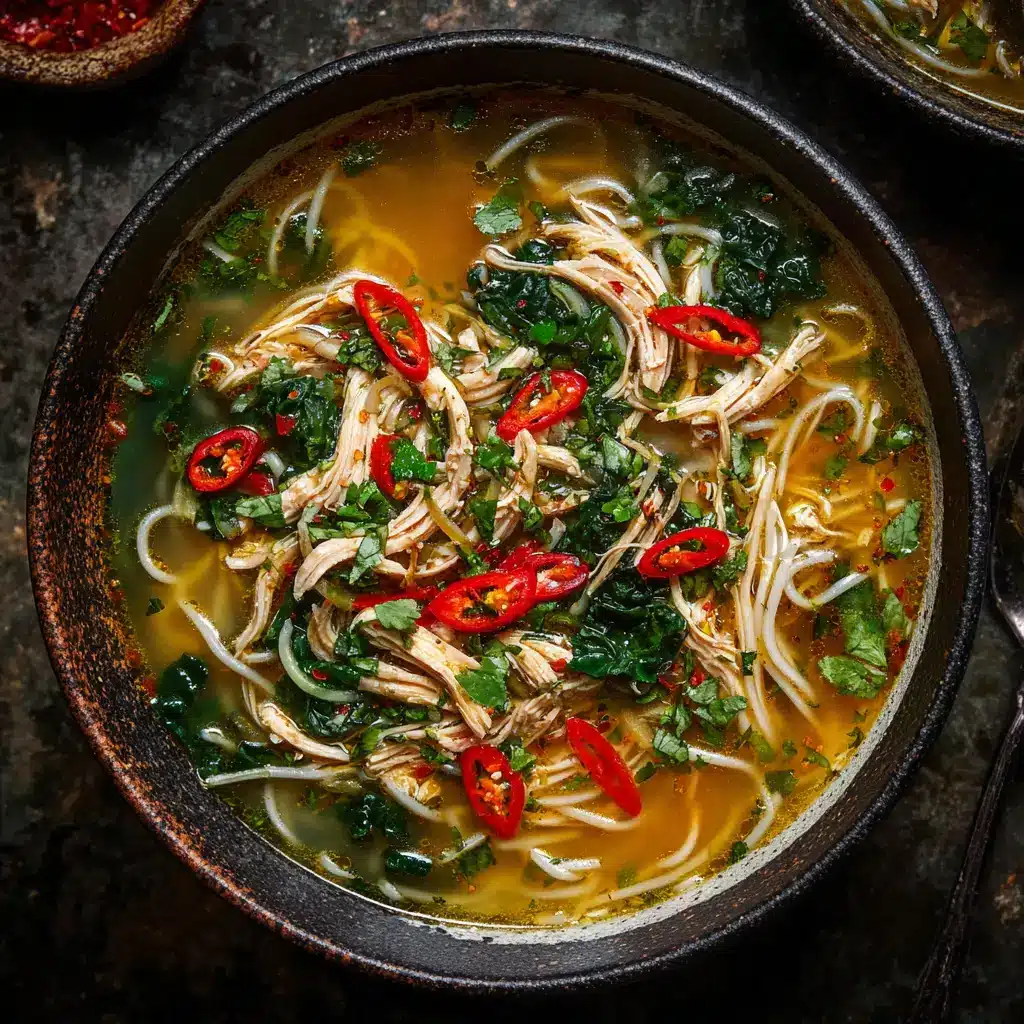 Ginger Garlic Chicken Noodle Soup: The Ultimate Cold-Fighting Recipe 2 An overhead close-up shot of a rustic ceramic bowl filled with homemade ginger garlic chicken noodle soup, showing tender shredded chicken, sliced carrots, and fresh herbs.
