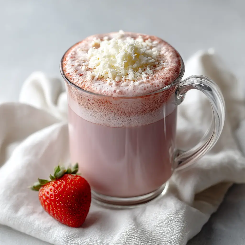 A warm mug of pink hot chocolate made with real strawberries and white chocolate.