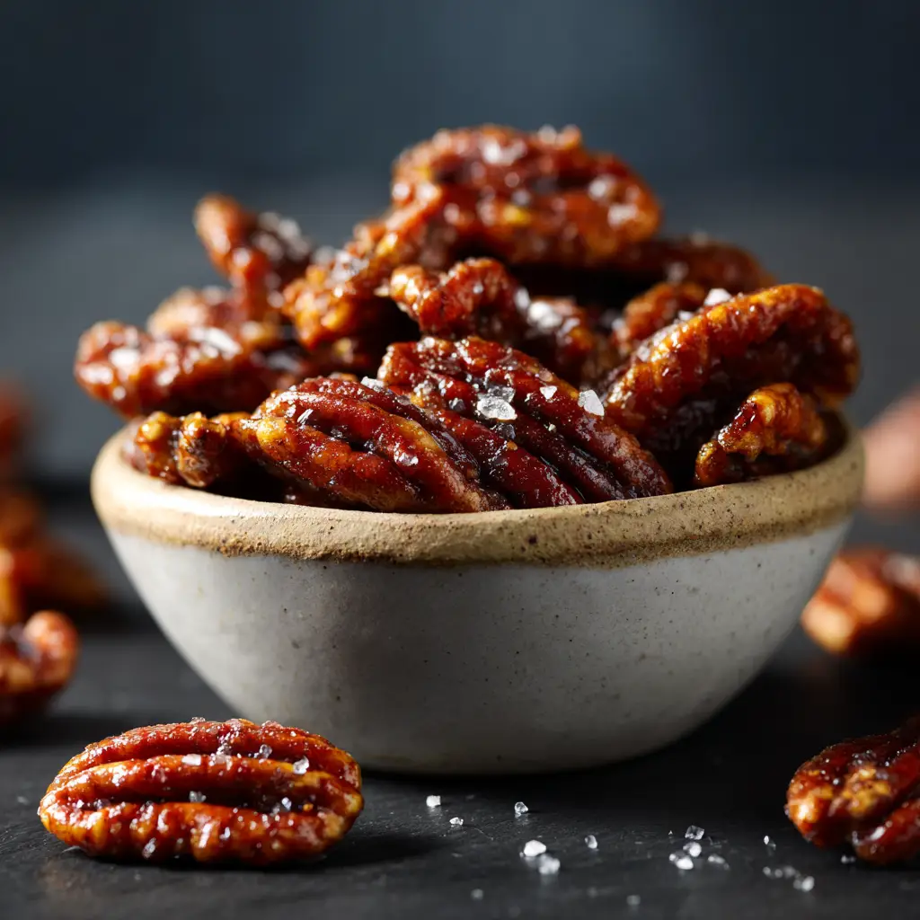 A handful of homemade praline crunch, illustrating the crunchy texture and bite-sized pieces perfect for snacking or as a dessert topping.