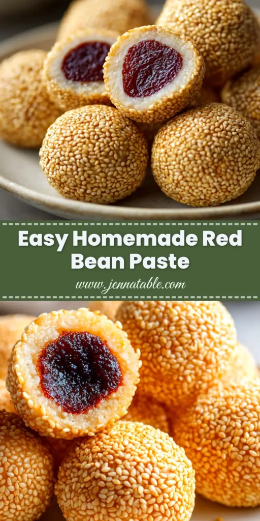 Homemade Red Bean Paste (Anko) Recipe 3 A bowl of rich, glossy homemade red bean paste (Anko), with a wooden spoon scooping some out, ready to be used as a delicious filling for Asian desserts.