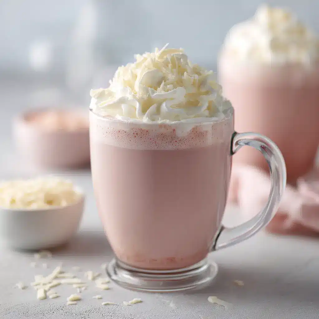 A close-up shot of homemade strawberry hot chocolate in a clear glass mug, showcasing its creamy texture and rich pink color.