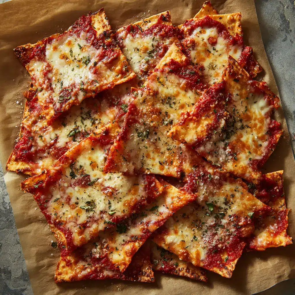 An overhead view of golden-brown tortilla pizza chips arranged on a baking sheet, topped with melted mozzarella cheese and crispy mini pepperoni.