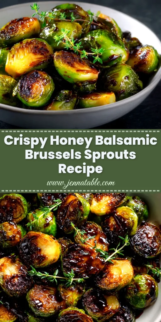 A top-down view of crispy honey balsamic brussels sprouts in a white serving bowl, ready to be eaten. The perfect caramelized side dish.