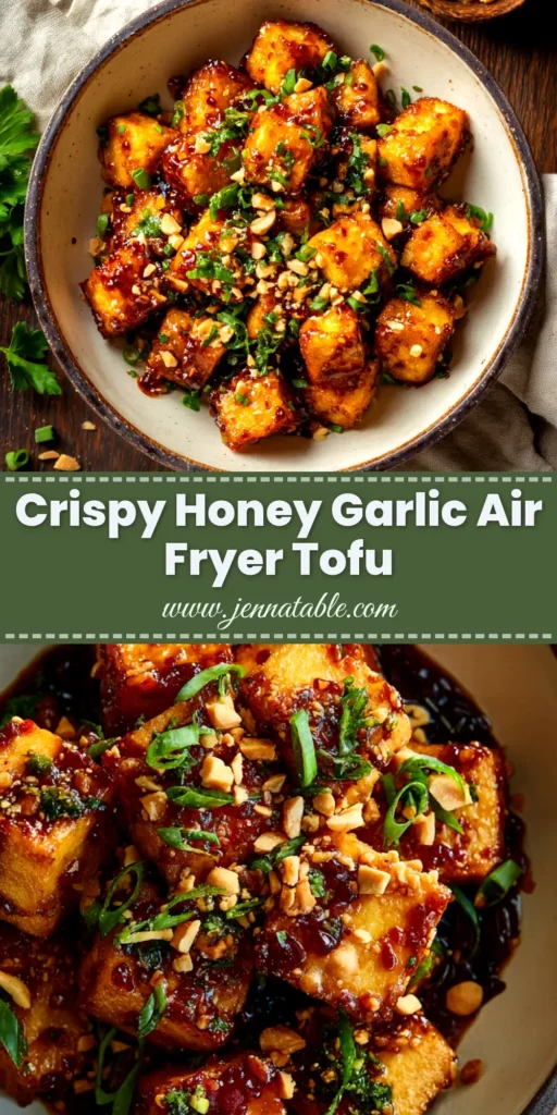A close-up overhead shot of crispy Honey Garlic Air Fryer Tofu in a white bowl, garnished with sesame seeds and green onions.