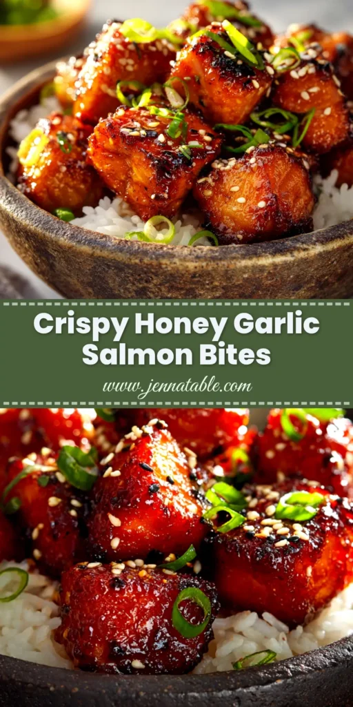 Honey Garlic Salmon Bites: Crispy, Quick & Irresistible 3 A close-up view of crispy honey garlic salmon bites in a white bowl, garnished with sesame seeds and fresh green onions. The perfect easy weeknight dinner recipe.