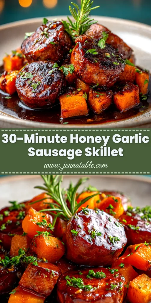 Honey Garlic Sausage: The Ultimate 20-Minute Skillet Dinner 4 An overhead shot of honey garlic sausage in a black cast-iron skillet, garnished with fresh green onions. The perfect easy 20-minute dinner recipe.