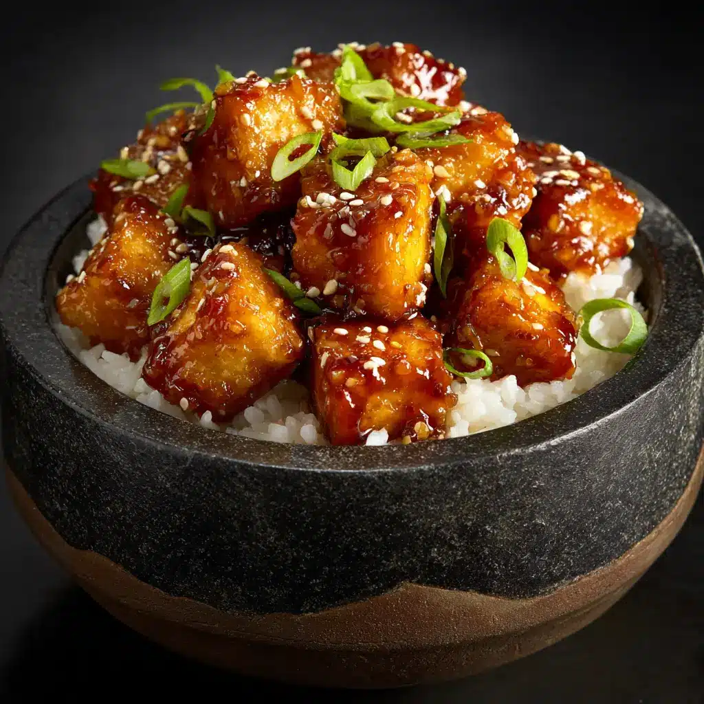 Crispy tofu being tossed in a skillet with a glossy, bubbling honey garlic sauce.