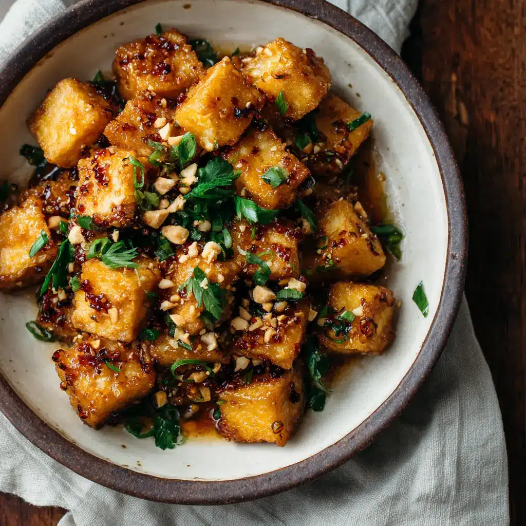 A serving of honey garlic tofu on a bed of white rice, with a side of steamed broccoli. A complete and healthy meal.