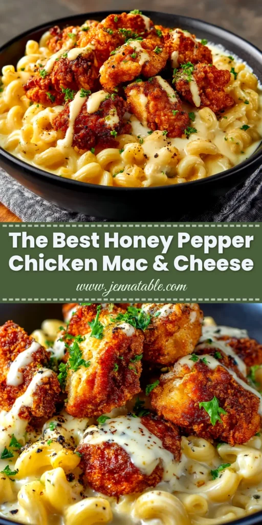 A large bowl of creamy honey pepper chicken mac and cheese, topped with glazed chicken pieces and fresh parsley. The perfect comfort food recipe.