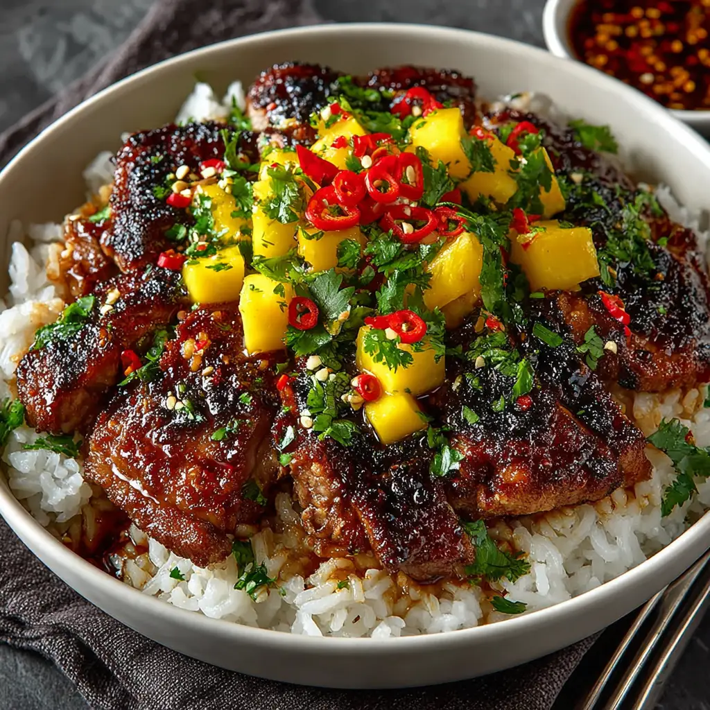 A beautiful final plate of Honey Soy Glazed Chicken served over a bed of white rice with a side of steamed broccoli.