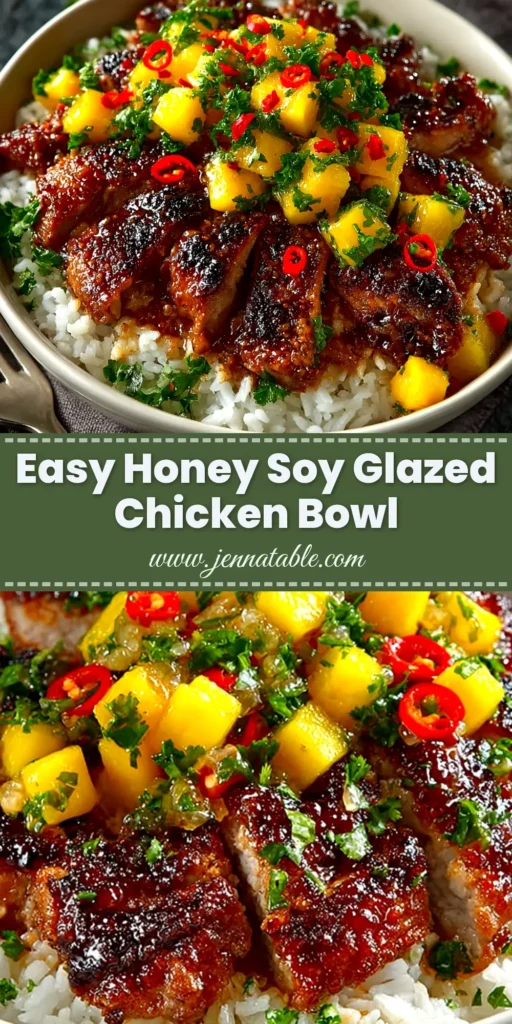 An overhead shot of Honey Soy Glazed Chicken in a white bowl, garnished with sesame seeds and green onions, ready to be pinned.