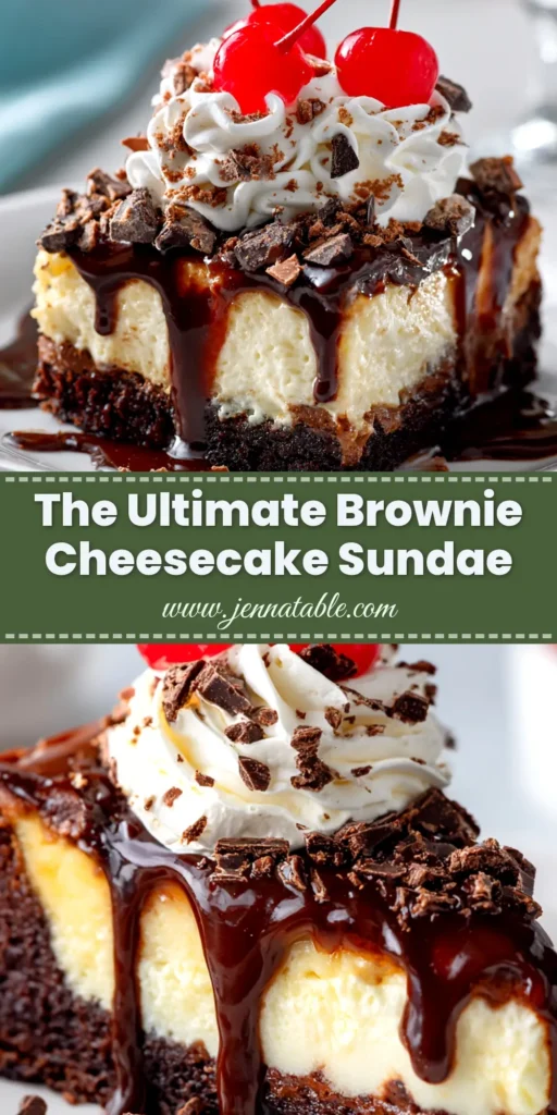 A stunning hero shot of the Hot Fudge Sundae Brownie Cheesecake on a cake stand, with one slice cut out to show the perfect layers of fudgy brownie, creamy cheesecake, and glossy ganache.