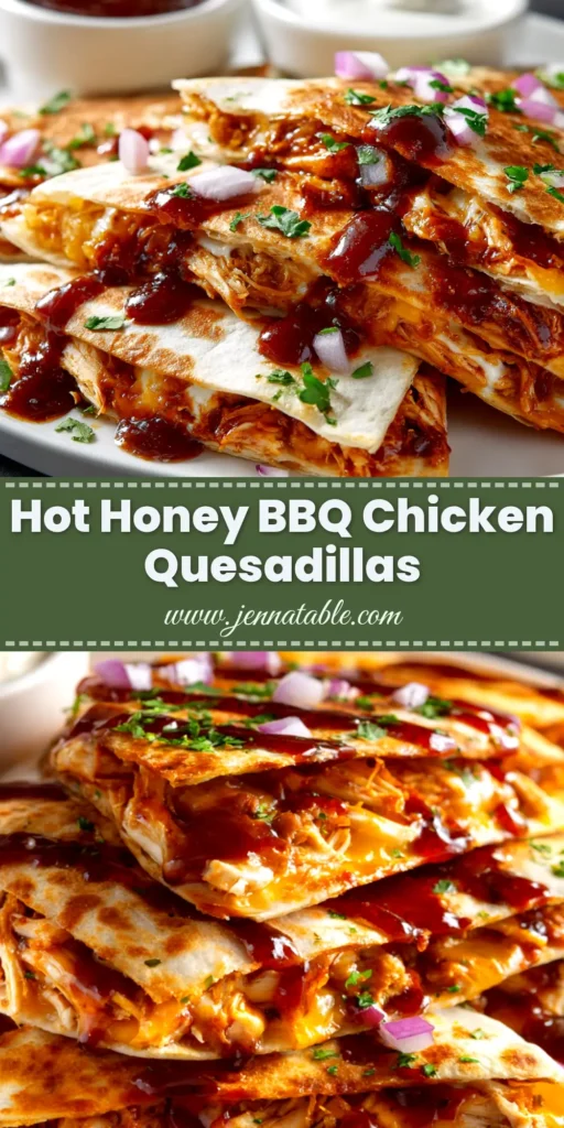 A delicious stack of Hot Honey BBQ Chicken Quesadillas cut into wedges, showing the cheesy, chicken-filled inside. Served on a rustic wooden board.