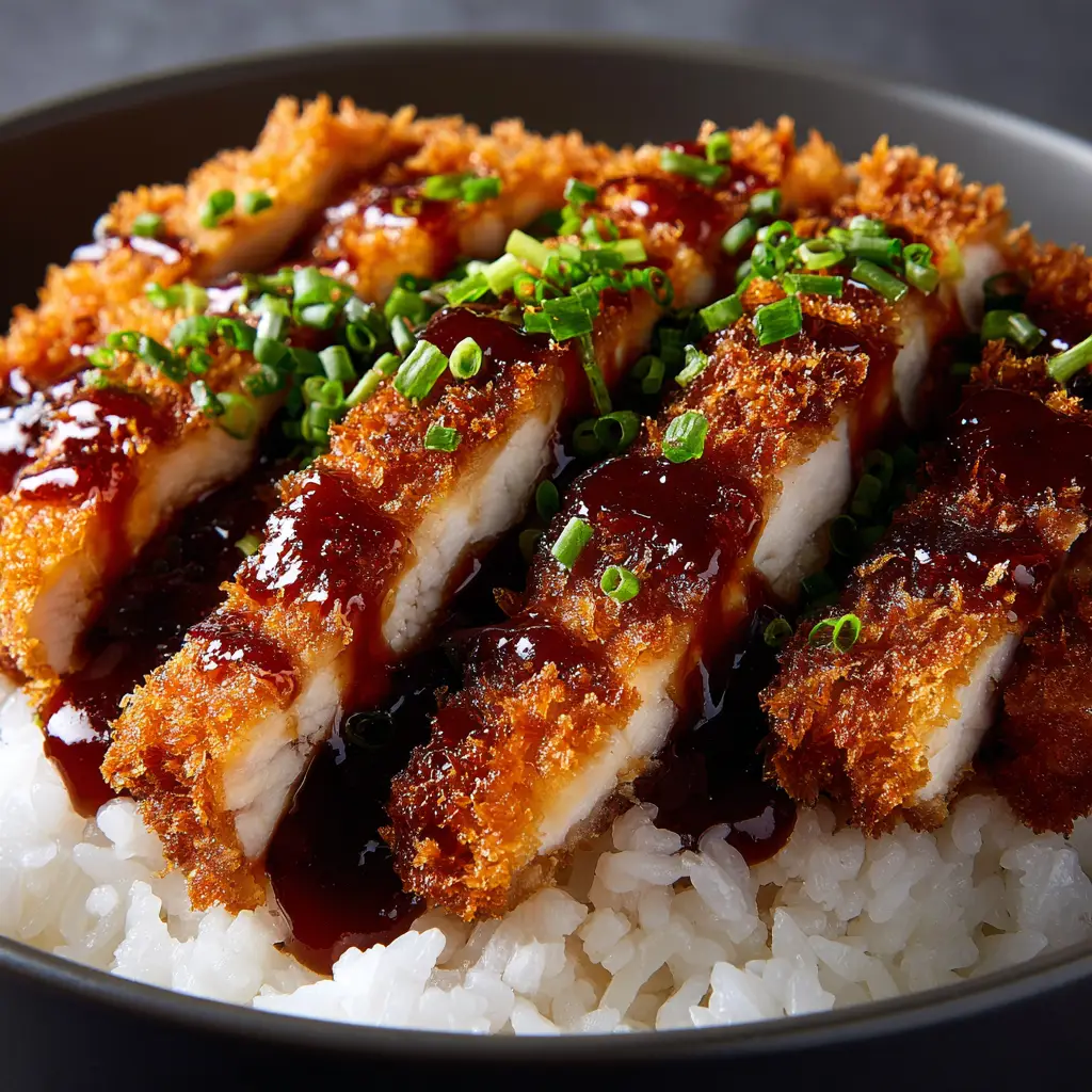 Japanese Katsu Bowls: The Ultimate Crispy Chicken Recipe 1 Assembling the perfect Japanese Katsu Bowl, with sliced crispy chicken being placed over a bed of fresh, shredded cabbage and fluffy white rice.