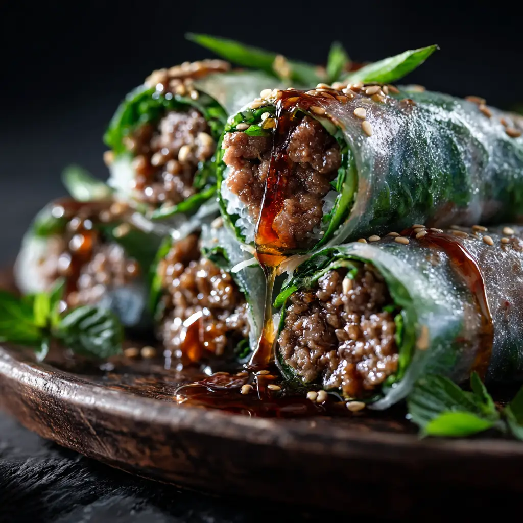 Thai Basil Beef Rolls (That Don't Fall Apart!) 1 A step-by-step process shot showing a hand rolling a Thai Basil Beef Roll on a wooden board, with the filling neatly arranged on the rice paper.