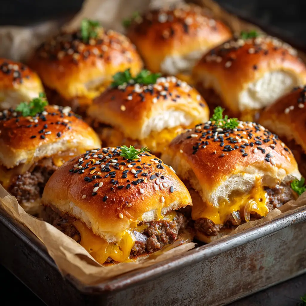 The process of assembling the pull-apart cheeseburger sliders, with the ground beef mixture being layered onto the bottom half of the Hawaiian rolls.