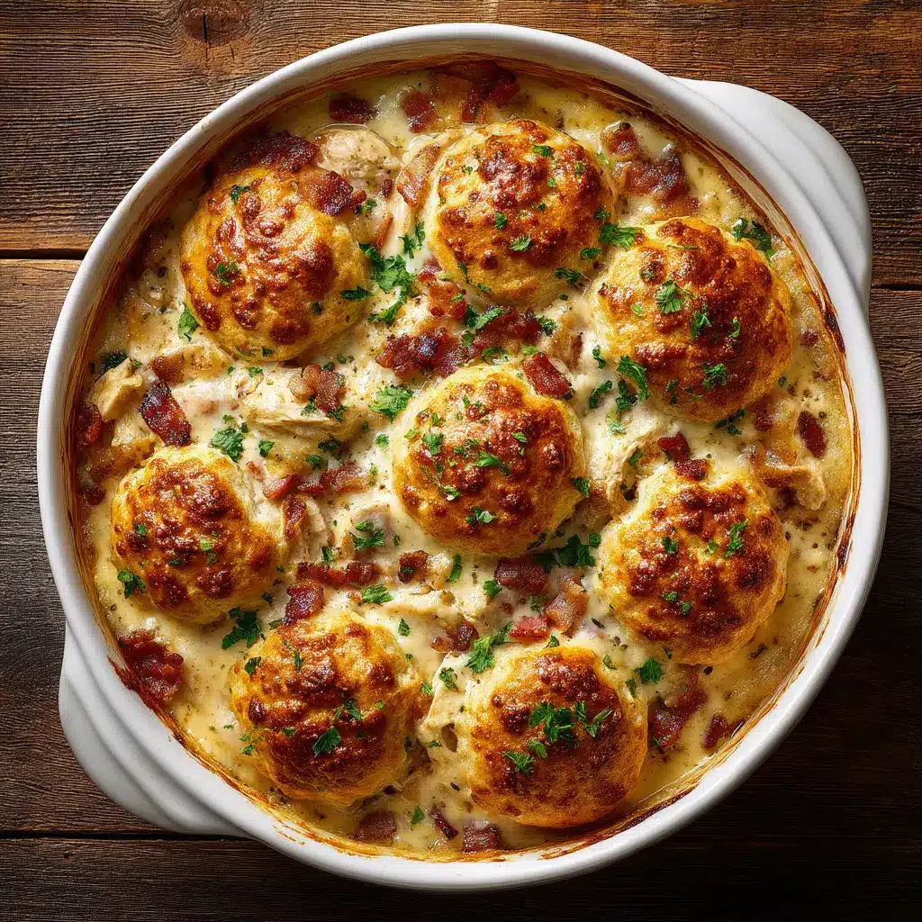 Chicken Biscuit Casserole (The Ultimate Comfort Food) 1 Arranging canned biscuits on top of the chicken casserole filling in a 9x13 baking dish before it goes into the oven.
