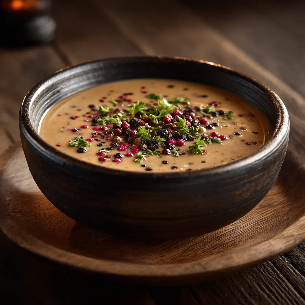 Peppercorn Sauce Recipe (The Ultimate Guide) 2 A close-up shot of the creamy peppercorn sauce being simmered in a rustic pan, showing its rich texture. An important step in this peppercorn sauce for steak.