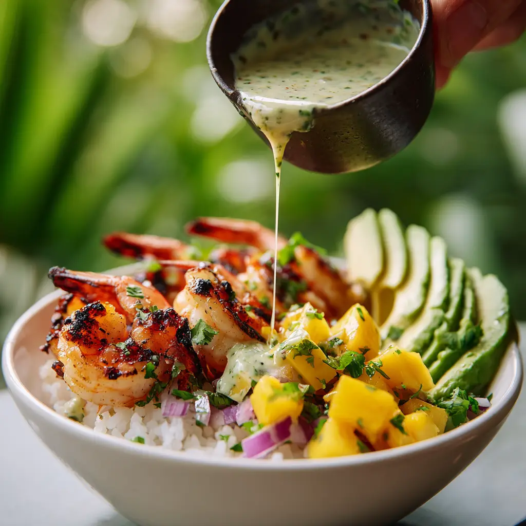 A colorful shrimp and avocado salad bowl being assembled with fresh quinoa, sliced red onion, and perfectly cooked shrimp.