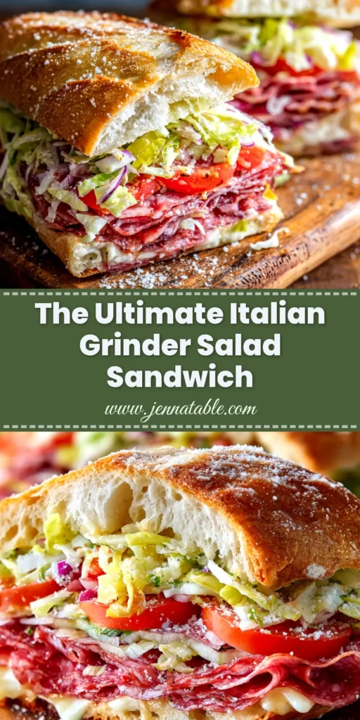 Italian Grinder Salad Sandwich (The Ultimate Viral Recipe) 3 A delicious Italian Grinder Salad Sandwich cut in half, showcasing the creamy chopped salad, layers of deli meats, and melted provolone cheese on a toasted hoagie roll.