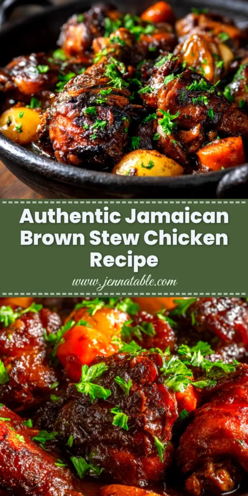 A delicious platter of authentic Jamaican Brown Stew Chicken, with tender chicken pieces coated in a rich, dark gravy, served with traditional rice and peas.