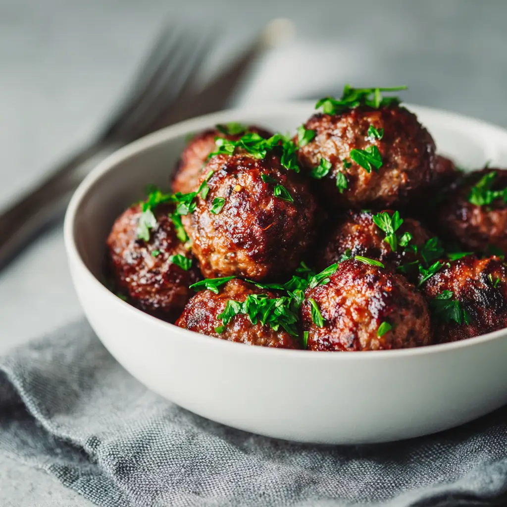 Juicy oven baked meatballs being gently mixed with a rich marinara sauce in a pan, illustrating a key step in our oven baked meatballs recipe.