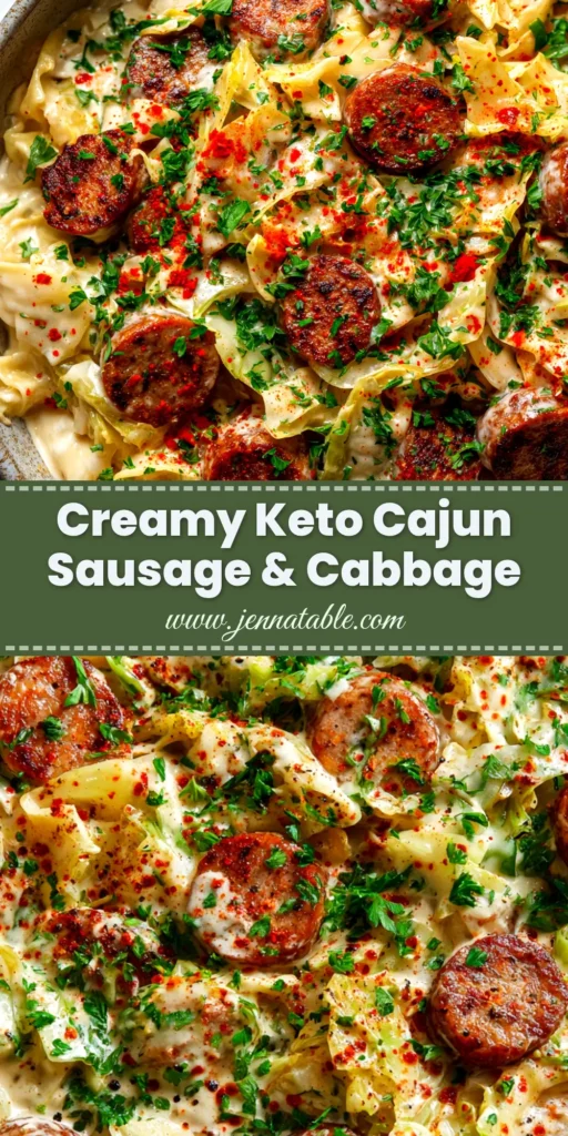 A top-down view of a white bowl filled with Keto Cajun Sausage Cabbage Alfredo, garnished with fresh parsley. The dish is creamy with visible pieces of sausage and cabbage.
