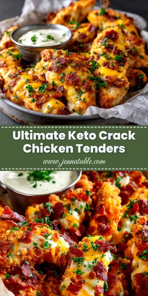 A platter of golden-brown, cheesy Keto Crack Chicken Tenders, garnished with fresh parsley. The ultimate low-carb bacon ranch chicken recipe.