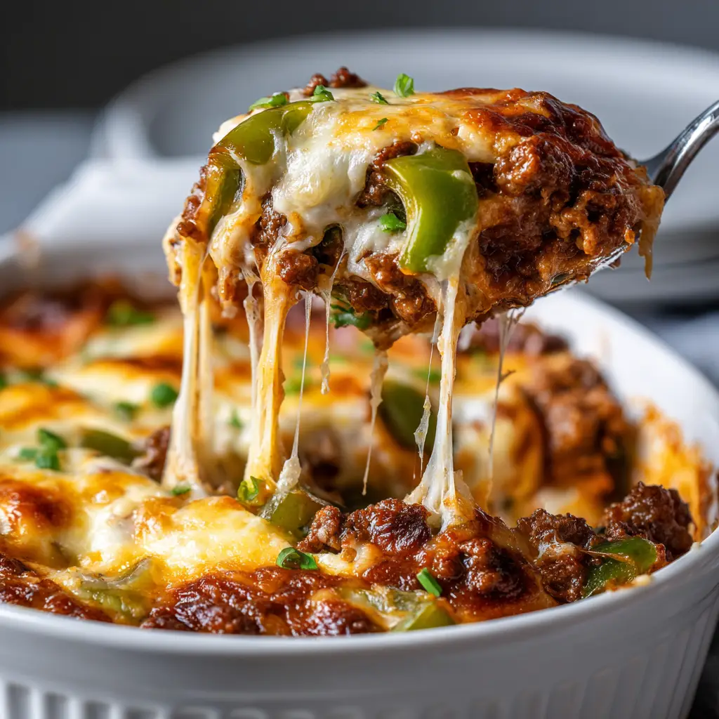 Low Carb Philly Cheesesteak Casserole: The Ultimate Keto Comfort Food 2 A close-up spoonful of keto Philly cheesesteak casserole, showing the creamy texture and tender pieces of steak and vegetables.