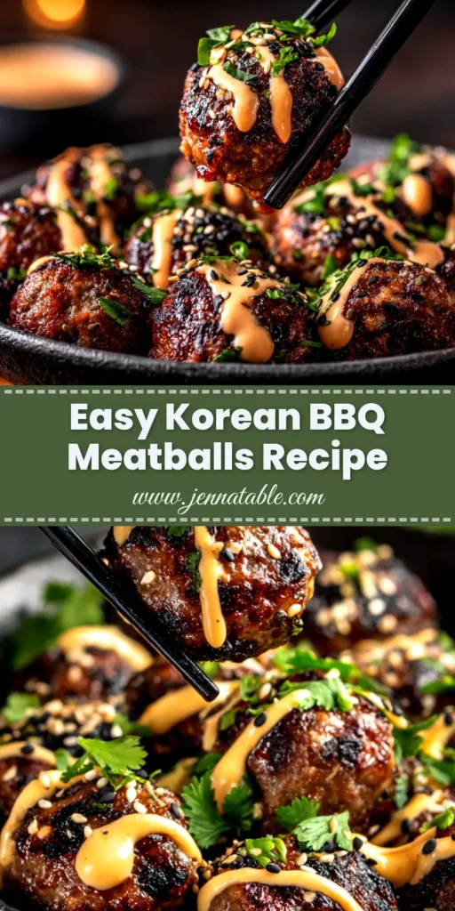 A top-down view of sweet and spicy Korean BBQ Meatballs in a skillet, glazed with a shiny red sauce and garnished with sesame seeds and green onions.