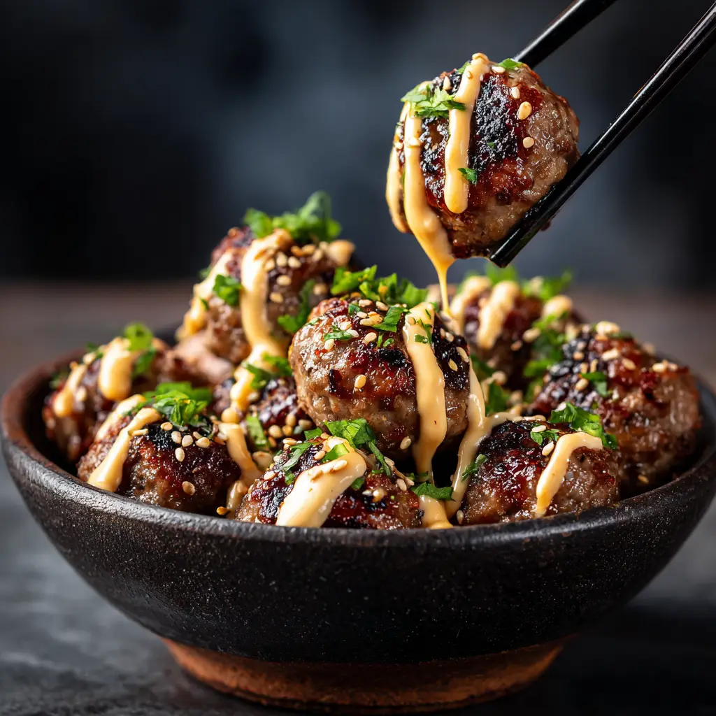 A delicious bowl of Korean BBQ meatballs served over fluffy white rice, ready to eat. A perfect example of an easy weeknight dinner.