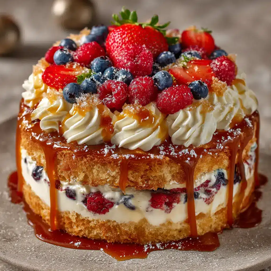 Berry Trifle Recipe (The Ultimate Summer Dessert) 2 A close-up view of the layers in a fresh berry trifle, showing cubed pound cake, vanilla custard, and mixed berries.