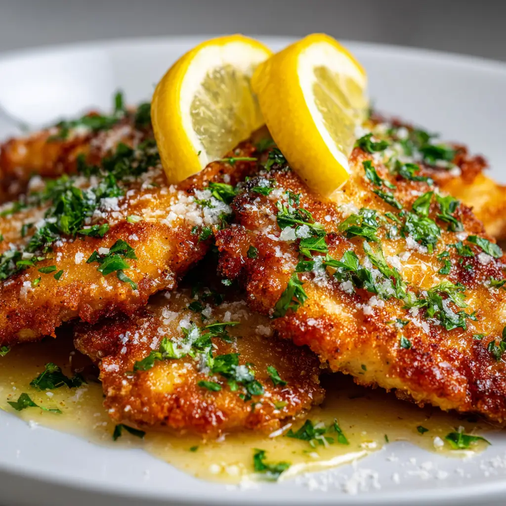 A beautiful serving of Lemon Chicken Romano on a plate, paired with angel hair pasta and fresh asparagus, ready for a delicious dinner.