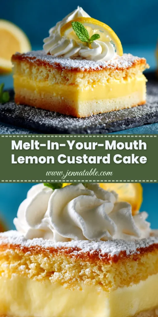 Lemon Custard Cake (The Ultimate Magic Recipe) 3 A beautiful slice of Lemon Custard Cake on a white plate, showing the three distinct layers of custard, pudding, and sponge. The cake is dusted with powdered sugar.