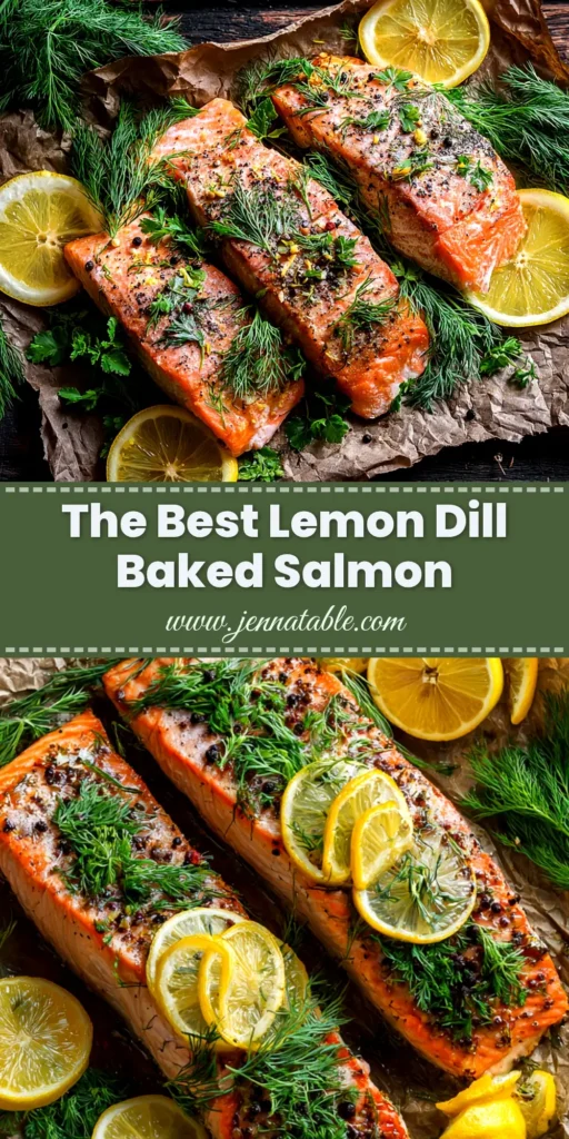 A close-up overhead shot of a perfectly cooked Lemon Dill Baked Salmon fillet on a plate, garnished with fresh dill and lemon slices. The salmon is flaky and moist, highlighting an easy and healthy dinner recipe.