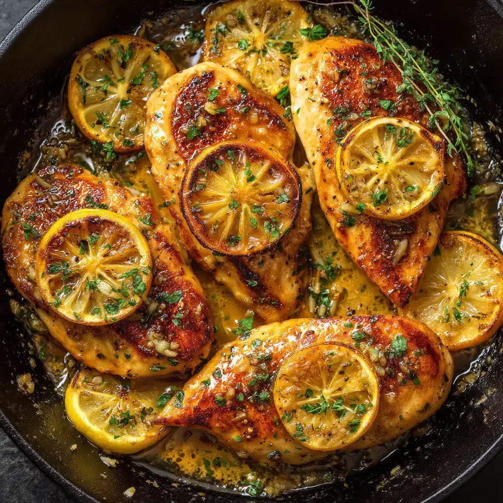 A close-up overhead shot of a finished lemon garlic chicken thigh, garnished with fresh parsley.