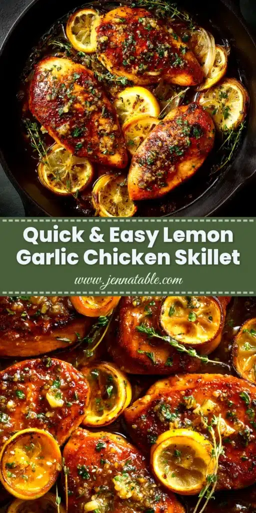 Easy Lemon Garlic Chicken recipe with fresh parsley and lemon slices in a skillet. The perfect weeknight dinner idea.