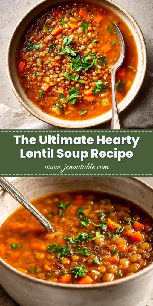 An overhead shot of a hearty and healthy Lentil Soup Recipe in a white bowl, garnished with fresh herbs. The perfect easy and delicious one-pot meal.
