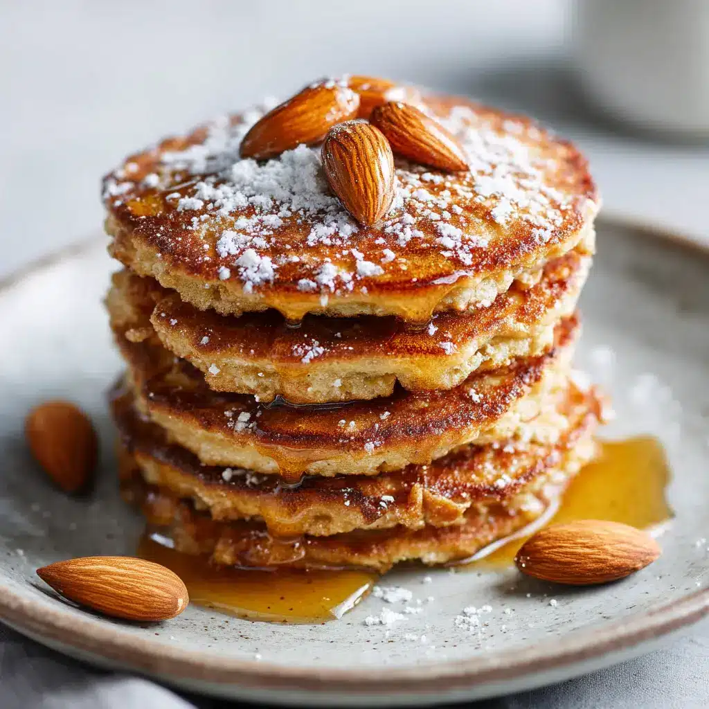 A close-up shot of a perfect stack of five golden-brown low-carb almond flour pancakes, topped with a pat of melting butter and a single raspberry.