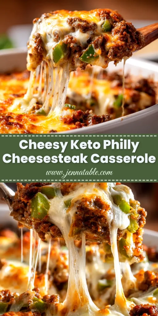 Low Carb Philly Cheesesteak Casserole: The Ultimate Keto Comfort Food 3 A delicious Low Carb Philly Cheesesteak Casserole in a baking dish, showcasing melted provolone cheese, tender steak, and colorful peppers. Perfect for a keto diet.
