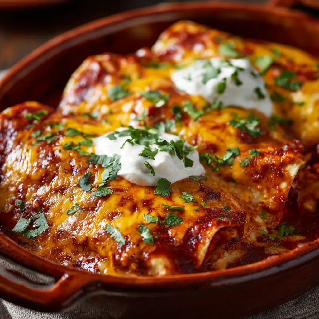 A single serving of a high protein chicken enchilada on a plate, garnished with fresh cilantro and a lime wedge on the side.