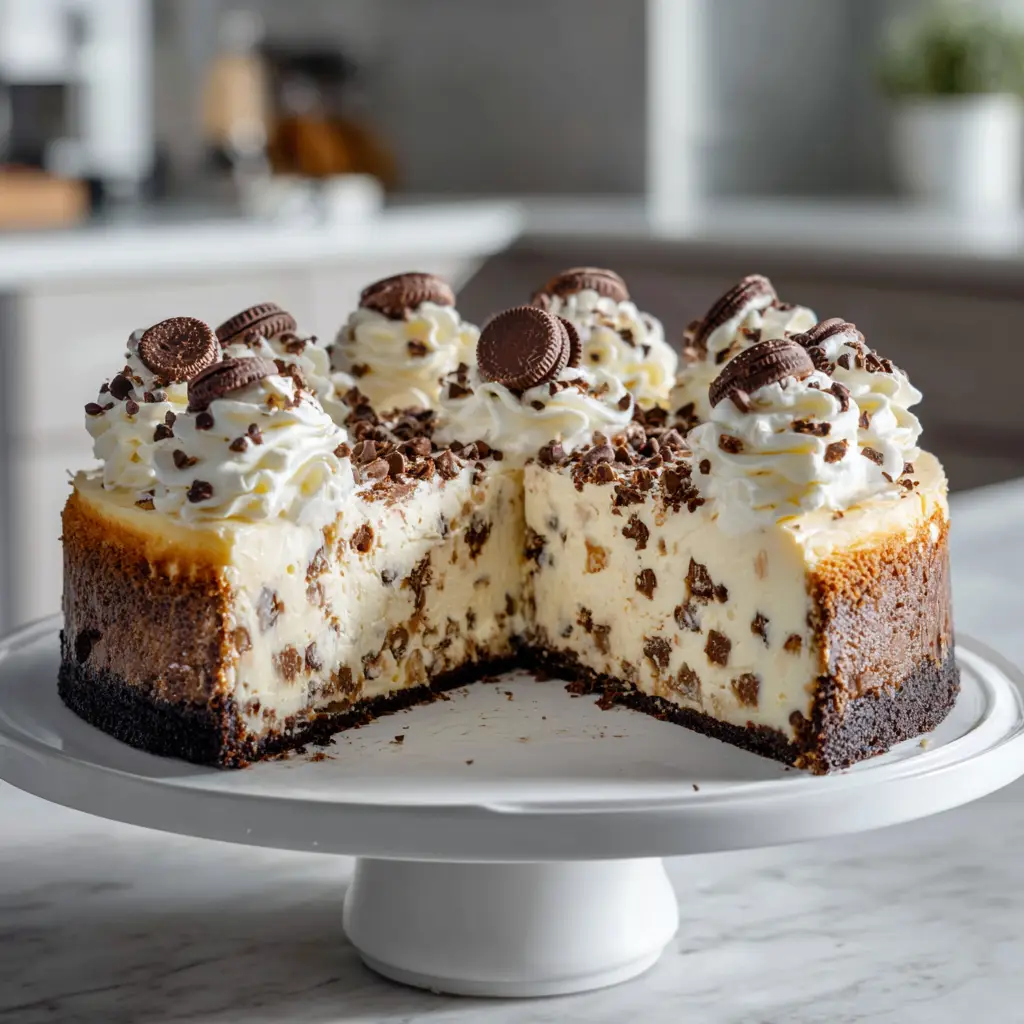 A baker pouring the creamy cheesecake filling over the cookie crust, with chunks of edible cookie dough visible in the batter.