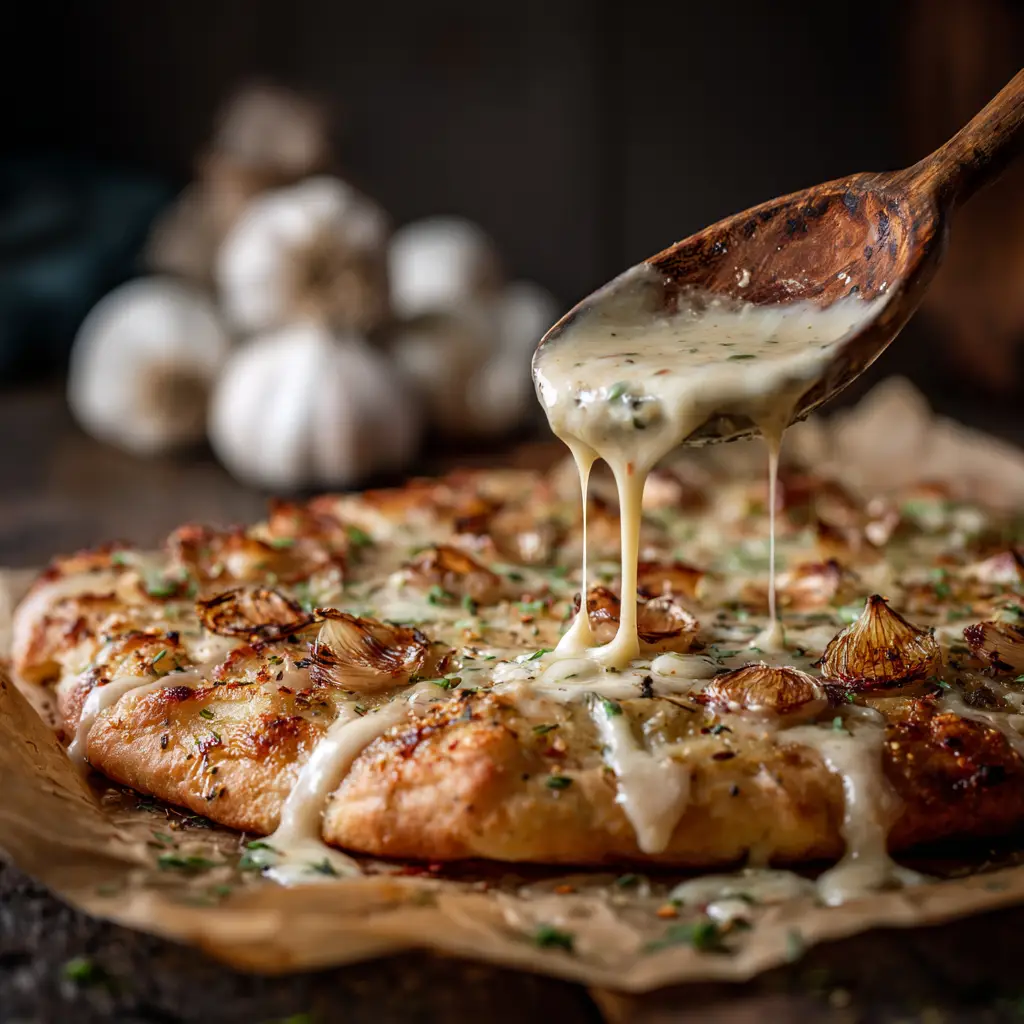 White Garlic Pizza Sauce (Ready in 15 Minutes!) 2 A saucepan showing the process of making creamy garlic sauce for pizza, with a whisk stirring the smooth, white sauce.