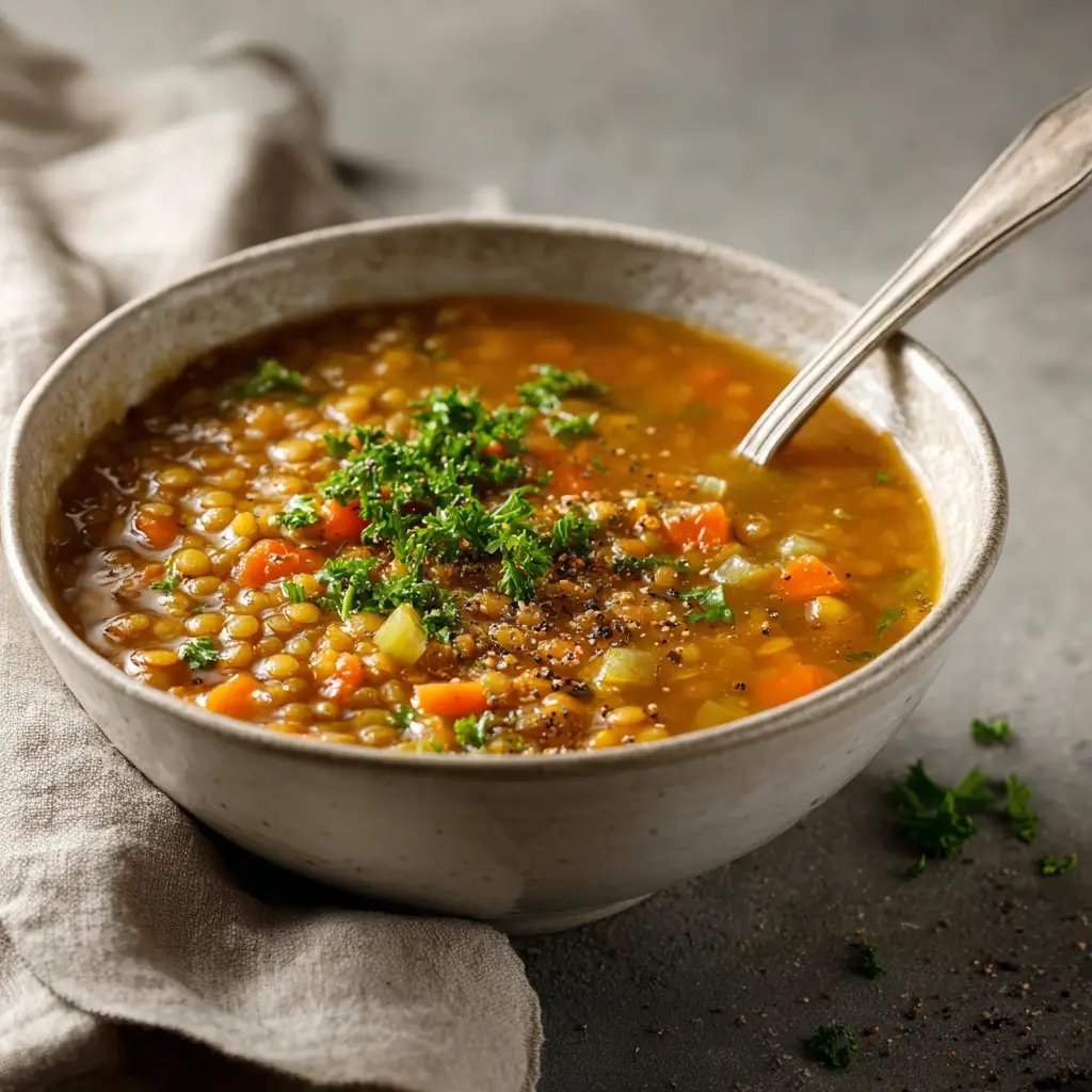 A large pot of easy lentil soup simmering on a stove. The image captures the process of making this simple one-pot meal.