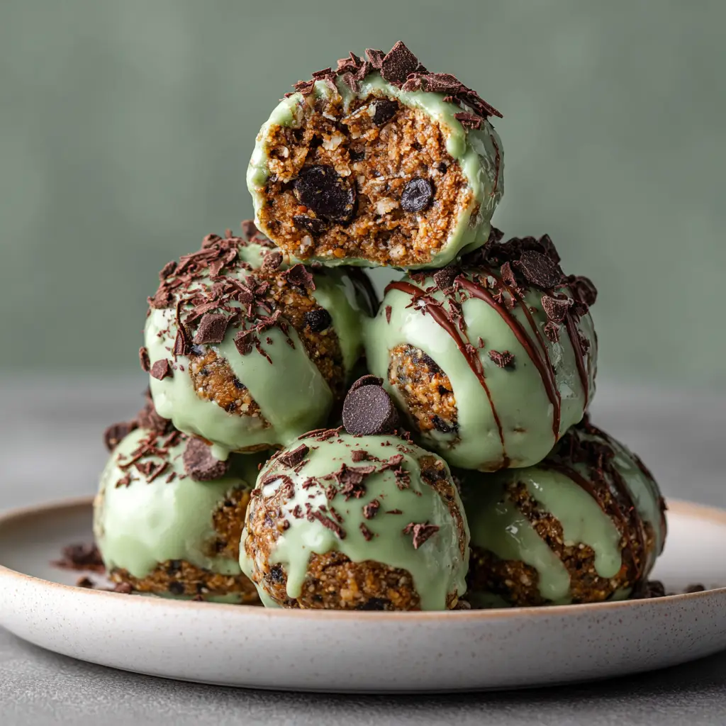 The process of rolling mint chocolate chip protein dough into balls on a parchment-lined surface.