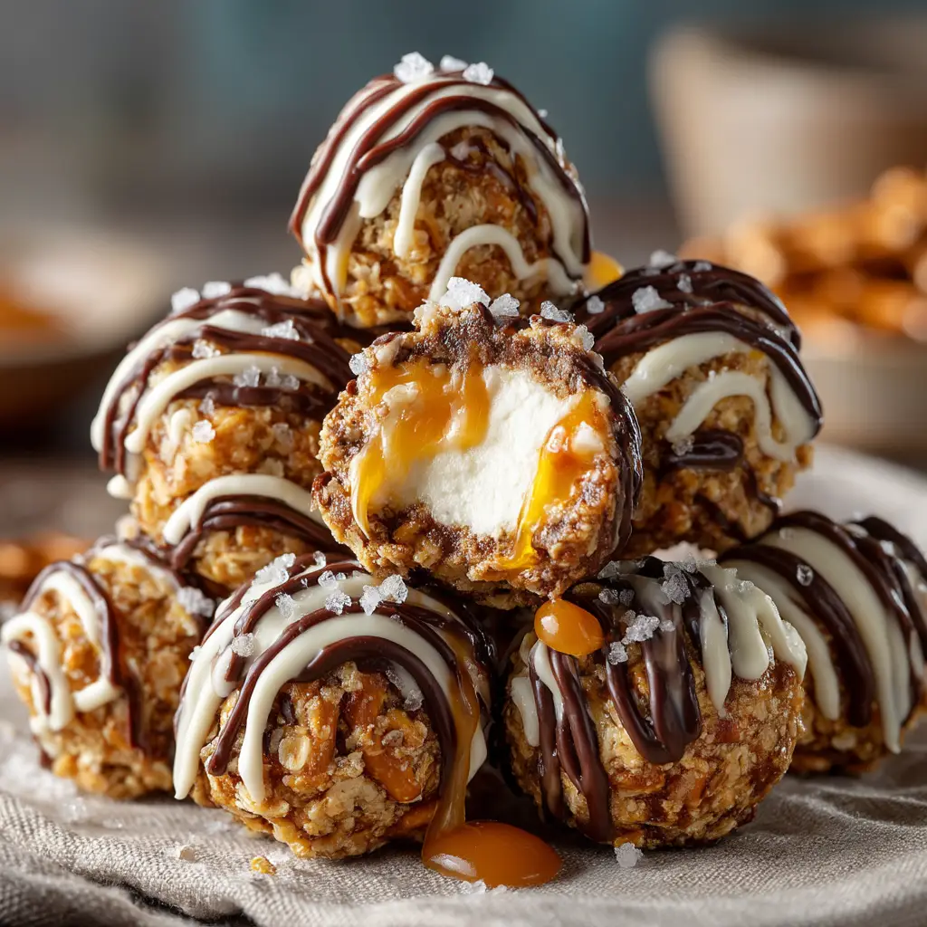Salted Caramel Pretzel Cheesecake Balls (The Ultimate Recipe) 2 A close-up of no-bake cheesecake bites being coated in crushed pretzels, an essential step for making salted caramel pretzel cheesecake balls.