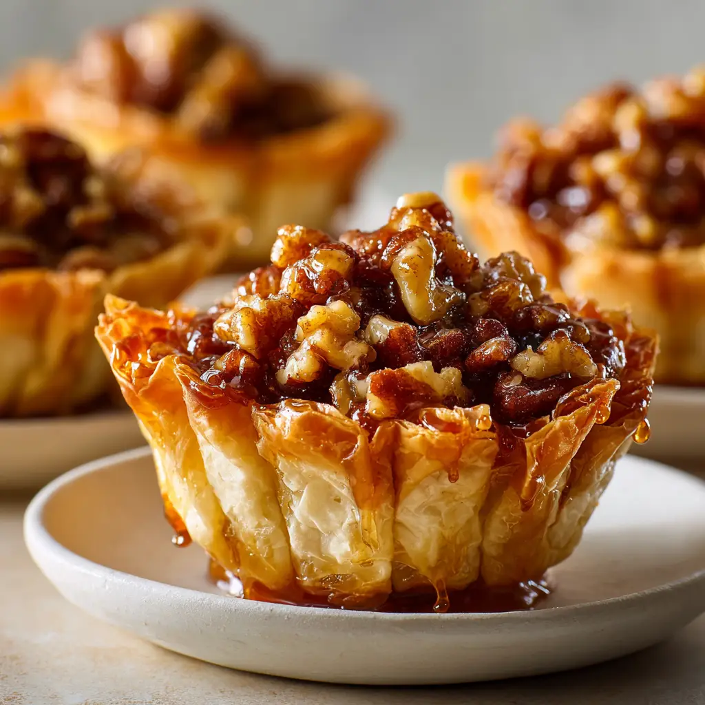 A process shot showing phyllo dough squares being pressed into a mini muffin tin to form the base for the caramel pecan tarts.